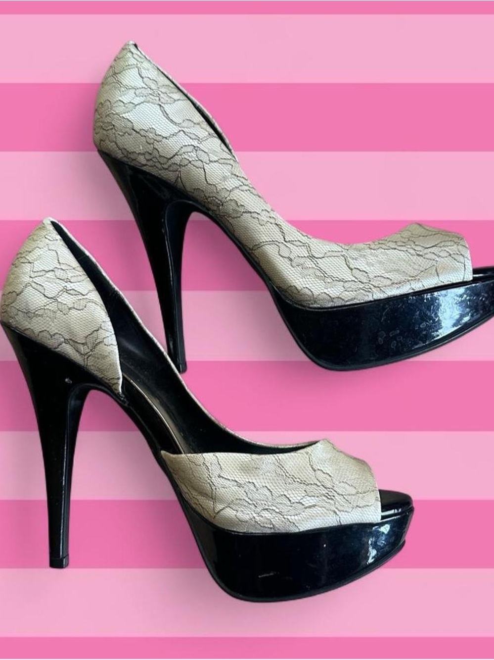 City Streets Cream Lace Peep-Toe Platform Heels with Black Patent Sole